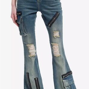 Hot Topic Destructed Zipper Flare Denim Distressed Blue Womens Jeans size 9 long